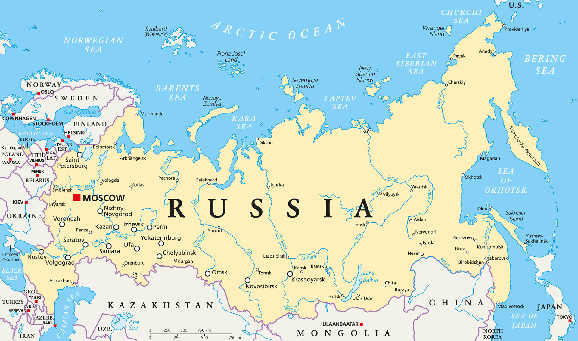 Carte politique de la Russie avec la capitale Moscou